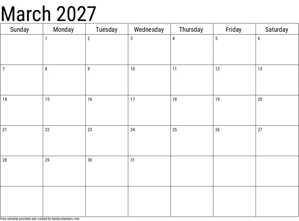 Free Printable March Calendar 2027: Plan Your Month With Ease
