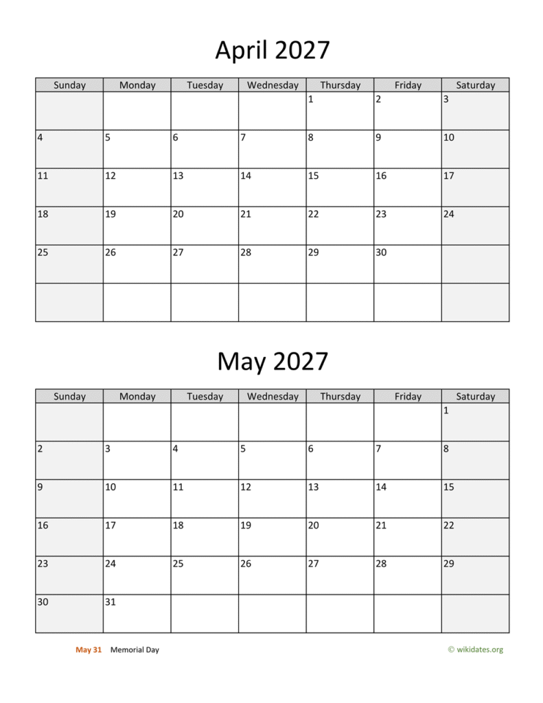 April and May 2027 Calendar Printable: Your Ultimate Planning Buddy