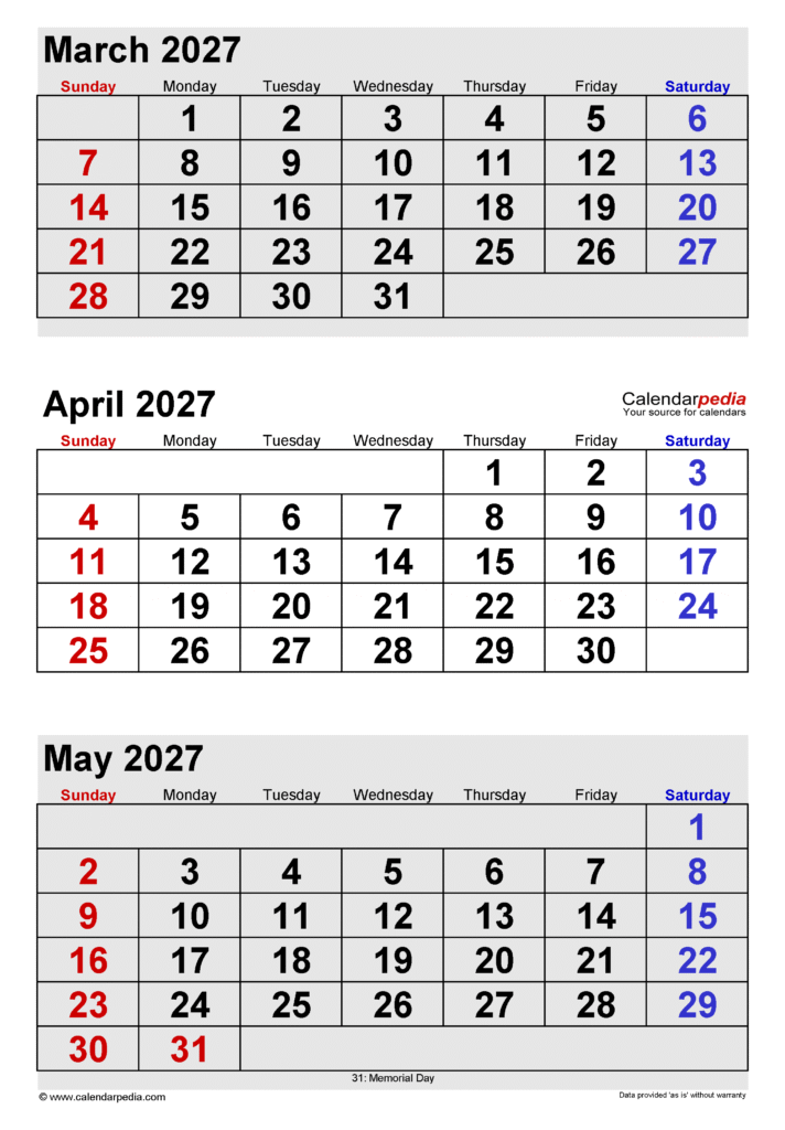 Your Ultimate March April May 2027 Calendar Printable Guide