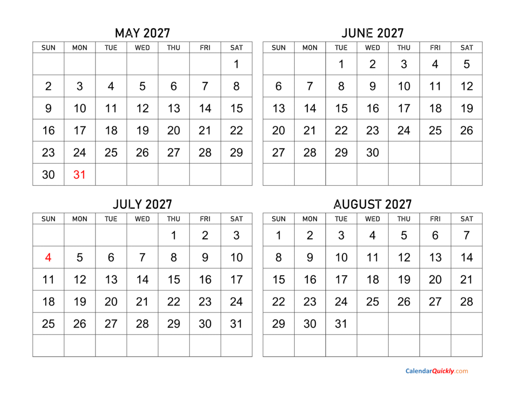 Your Ultimate May to August 2027 Calendar Printable Guide